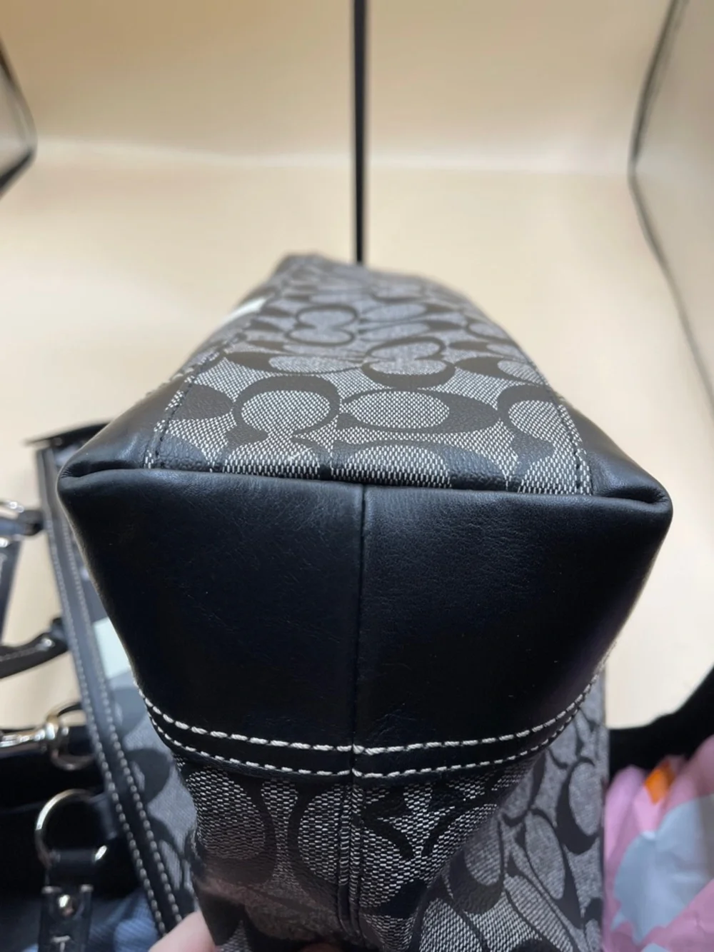 Coach Signature Stripe Tote Black and Light Gray Denim Canvas Look Work or Baby